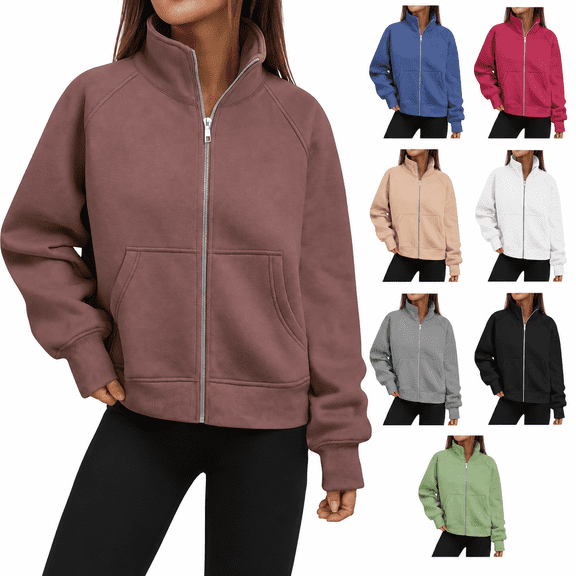 Womens Zip up Sweatshirt, Stand Collar Fleece Jackets No Hood, Lightweight Casual Solid Color Long Sleeve Zipper Front Fall Jackets with Pockets B-Coffee M