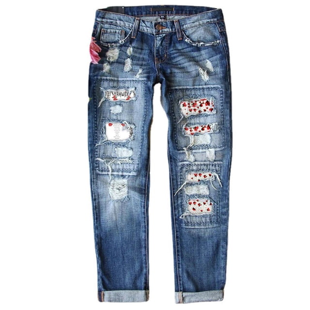 NECHOLOGY Women's Denim Pants Size 14 by NECHOLOGY, Straight Leg, Ripped, Mid Rise, Jeans, Adult Female Clothes, Blue, Size L