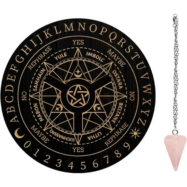 Tabla de péndulo de madera de 7.8" con péndulos de cuarzo rosa, herramientas de adivinación para decoración espiritual - Estrella de cinco puntas