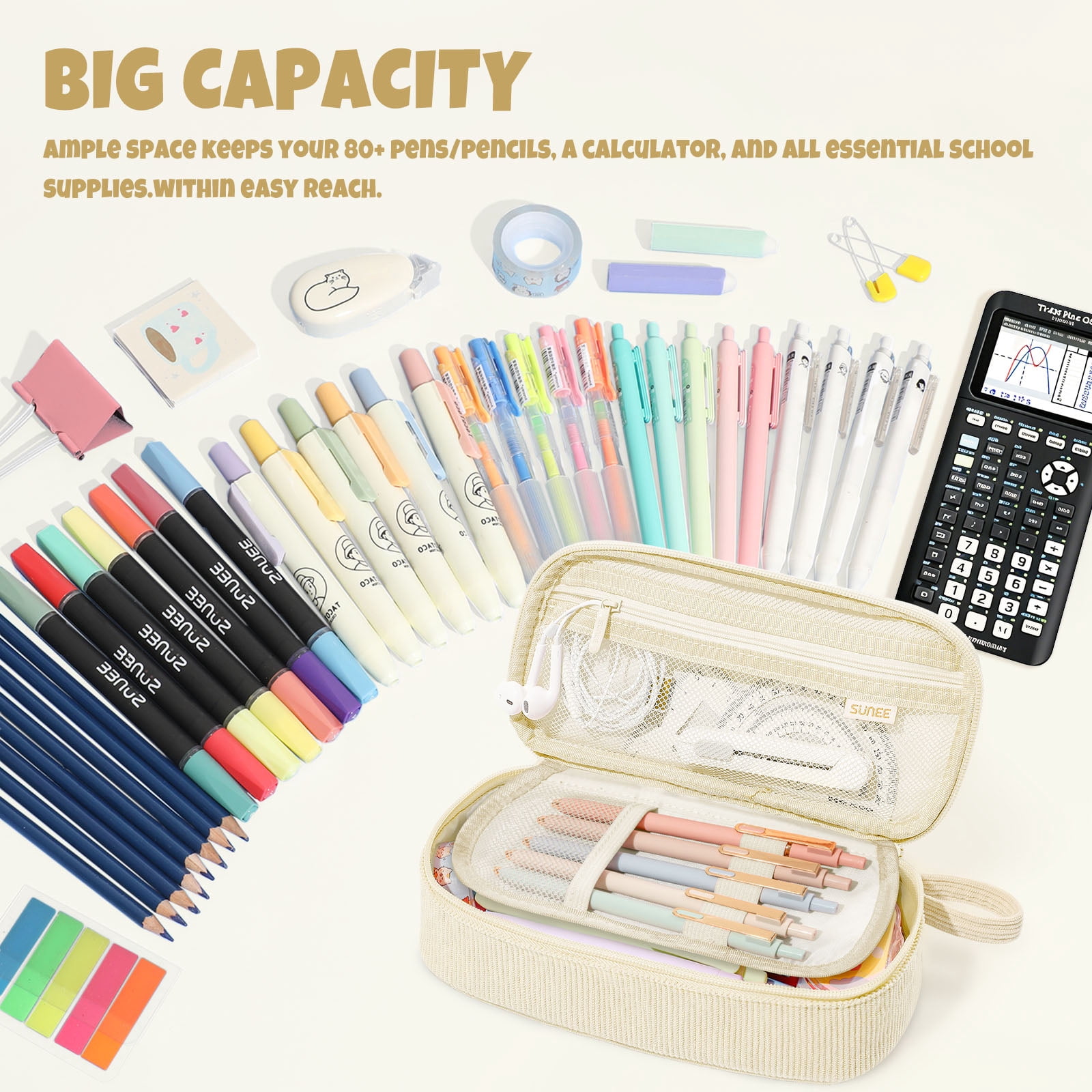 SUNEE Cute Pencil Case, Large Capacity Pencil Pouch Aesthetic Zipper Pencil Bag, Big Storage Pen Organizer for Stationery, Soft Corduroy Pencil Box Back to School Supplies for Teen Girls Boys, Beige