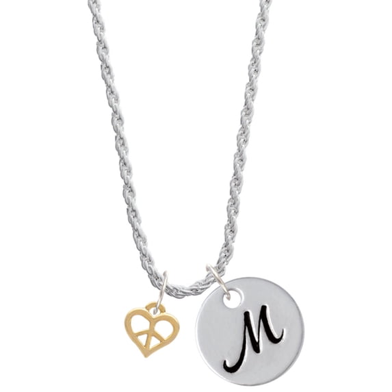 Delight Jewelry Goldtone Mini Heart Peace Sign Silvertone Script Initial Disc - M - Charm Necklace, 20"+3"