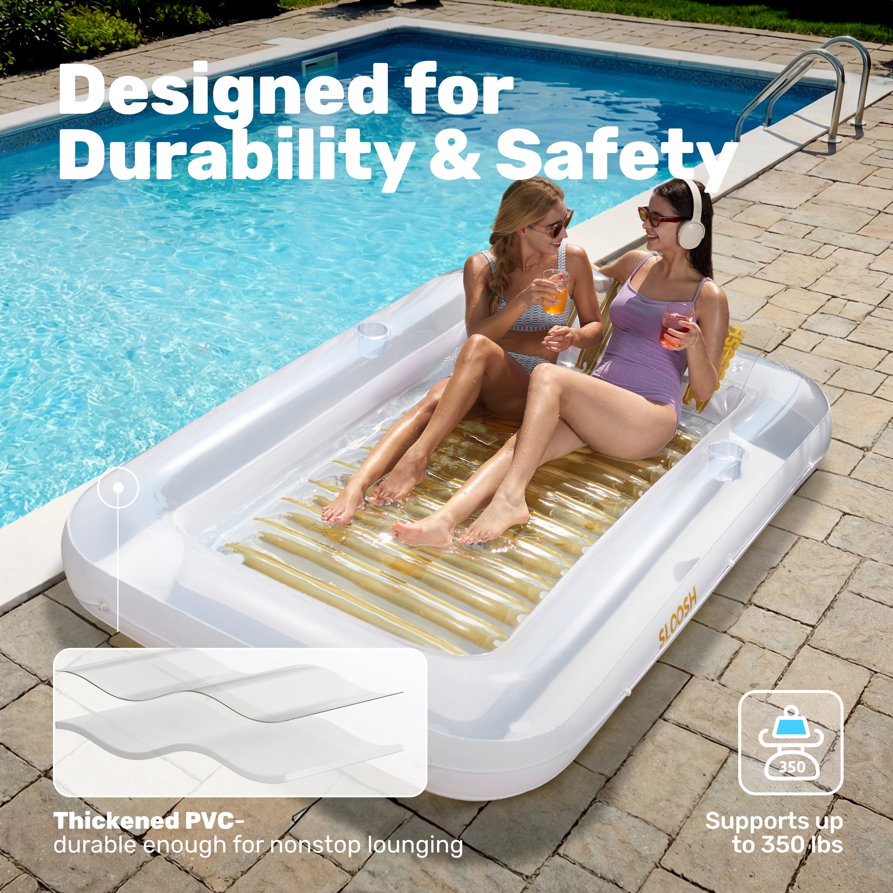 SLOOSH Inflatable Tanning Pool Lounger Float, 85" x 57" Extra Large Suntan Sun Tan tub for Adults, Tanning chair, Bed Blow up, Raft Lounge Floatie,XL-Golden White