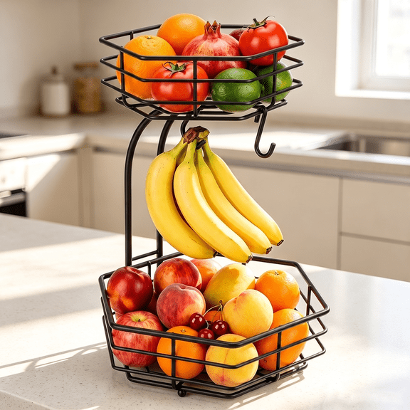 2 Tier Detachable Metal Fruit Basket for Kitchen Counter with 2 Banana Hangers, TAIMASI Stackable Hexagonal Metal Fruit Bowl for Bread Vegetable Fruits, Black