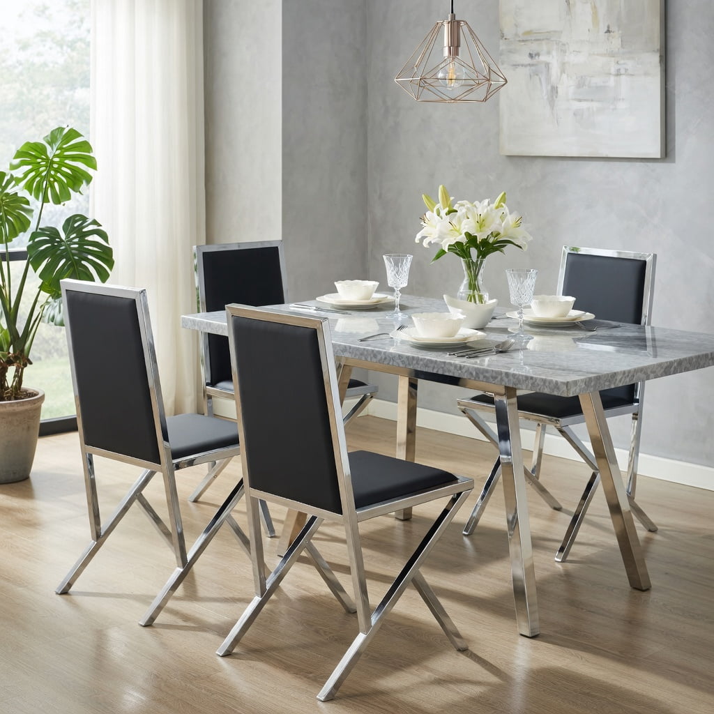 Hommoo 2-Pack Modern PU Leather Dining Chairs with Metal Frame, Ergonomic, Easy-Assembly, Adjustable Non-Slip Feet, Black & Sliver