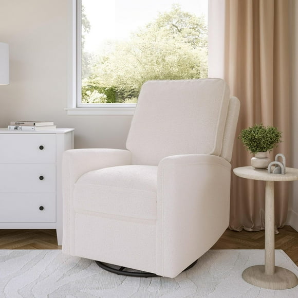 CorLiving Jasmine White Boucle Fabric Upholstered Plush Cushioned Glider Swivel Manual Recliner, For Living Room, Bedroom, and more