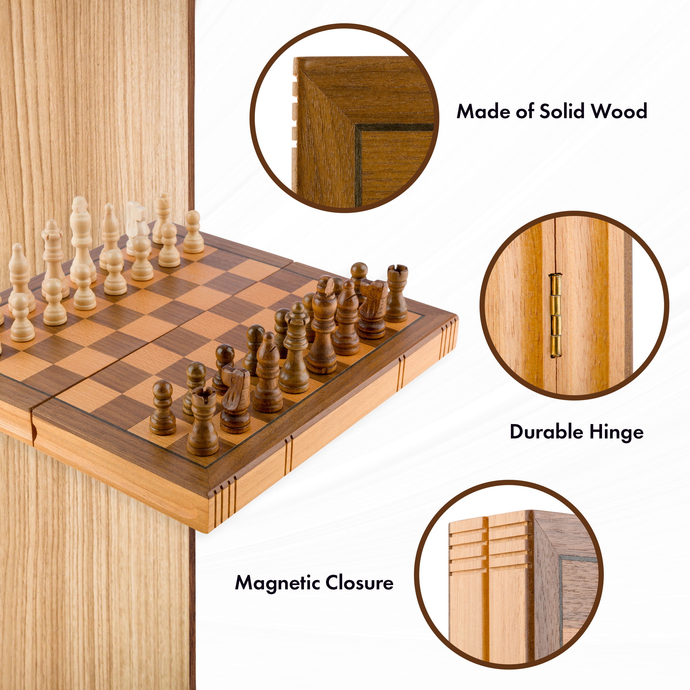 Trademark Games Book-Style Folding Chess Board Interior Storage - Wooden Chess Set for Kids and Adults
