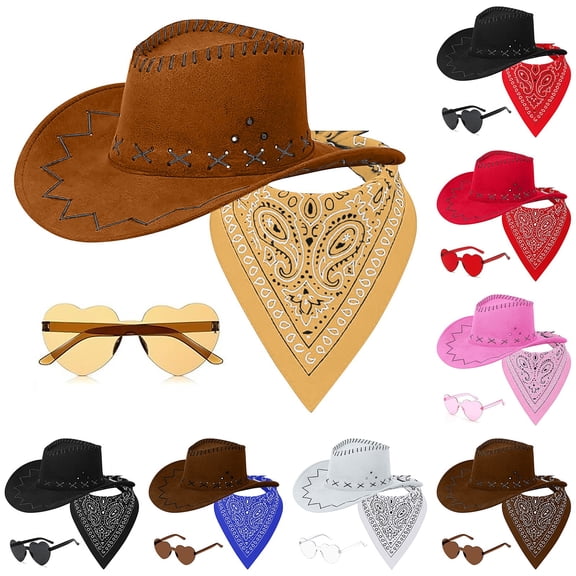 Baberdicy Western Cowboy Hat Scarf & Sunglasses Set, 3 Piece Costume Accessory for Men Women Black Universal Fit