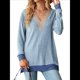 thumbnail image 2 of Blusas de Otoño para Mujer, con Escote en V, Encaje, Larga, Holgadas, con Ribete de Bloques de Color, Moda 2025 Azul L, 2 of 10