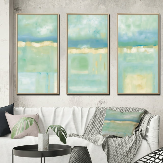 Designart "Landscape of Olive Sprigs - Nature's Canvas I" Abstract Liquid Ink Framed Wall Art Set Of 3 - Blue Modern Frame Canvas Set For Living Room Decor