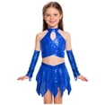 thumbnail image 4 of SiiRoh Girls 3Pcs Hip Hop Street Dance Outfits Cross Keyhole Sequins Metallic Crop Top+Skirt+Gloves Disco Dancewear Blue 14, 4 of 6