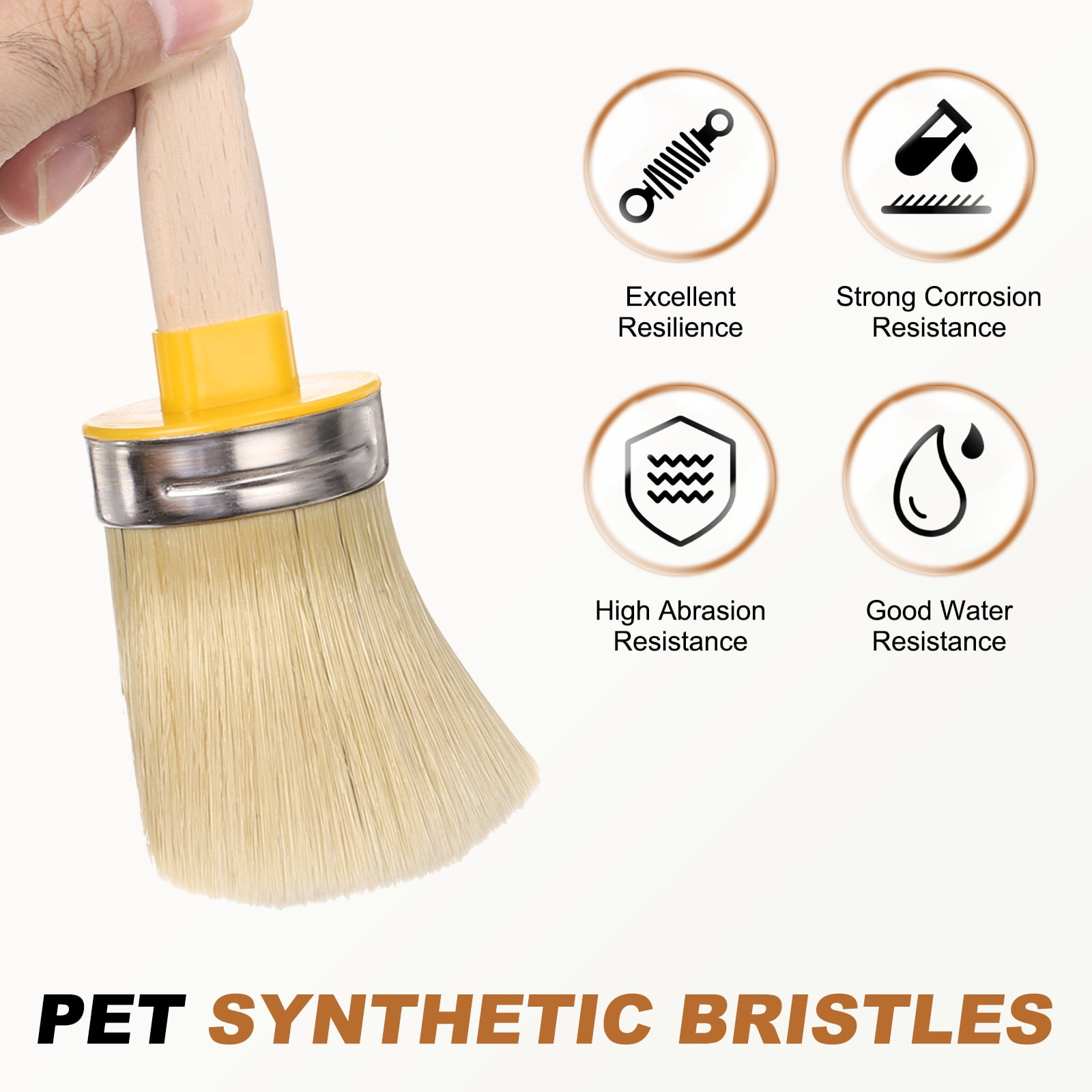 Uxcell  Wax Paint Brushes, 2 x 0.7 Inch Paint Brush, Oval PET Fiber Bristle with Wood Handle, Painting Tool for Furniture DIY Home Decor Art Crafts, Yellow