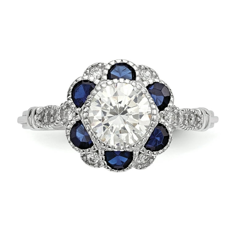 Sterling Silver White CZ & Lab-Created Blue Sapphire Flower Ring Sterling Silver White CZ & Lab-Created Blue Sapphire Flower Ring