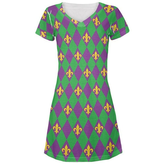 Mardi Gras Fleur De Lis All Over Juniors V-Neck Dress