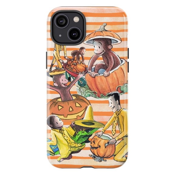 Curious Monkey Pumpkin Halloween iPhone Case – Autumn Orange Striped Fall Cartoon Phone Cover for iPhone 16 15 14 13 12 11 Pro Max Mini