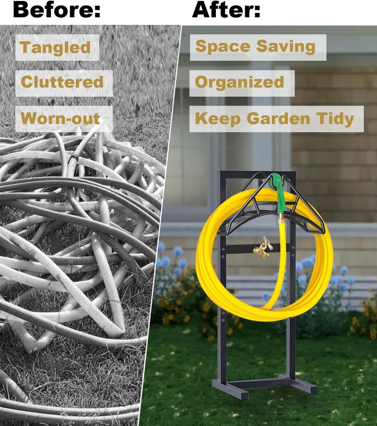 Outdoor Garden Hose Holder Freestanding with Brass Faucet And 4 Spikes, Heavy Duty Metal Water Hose Reel Stand Hanger Rack Organizer Holds Storage 150ft Hose for Outside Yard Lawn, Black