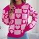 thumbnail image 4 of Suéter de cuello redondo para mujer, jersey de cuello redondo con cuadros contrastantes y forma de corazón, suéter de moda para mujer, top acrílico, 4 of 8