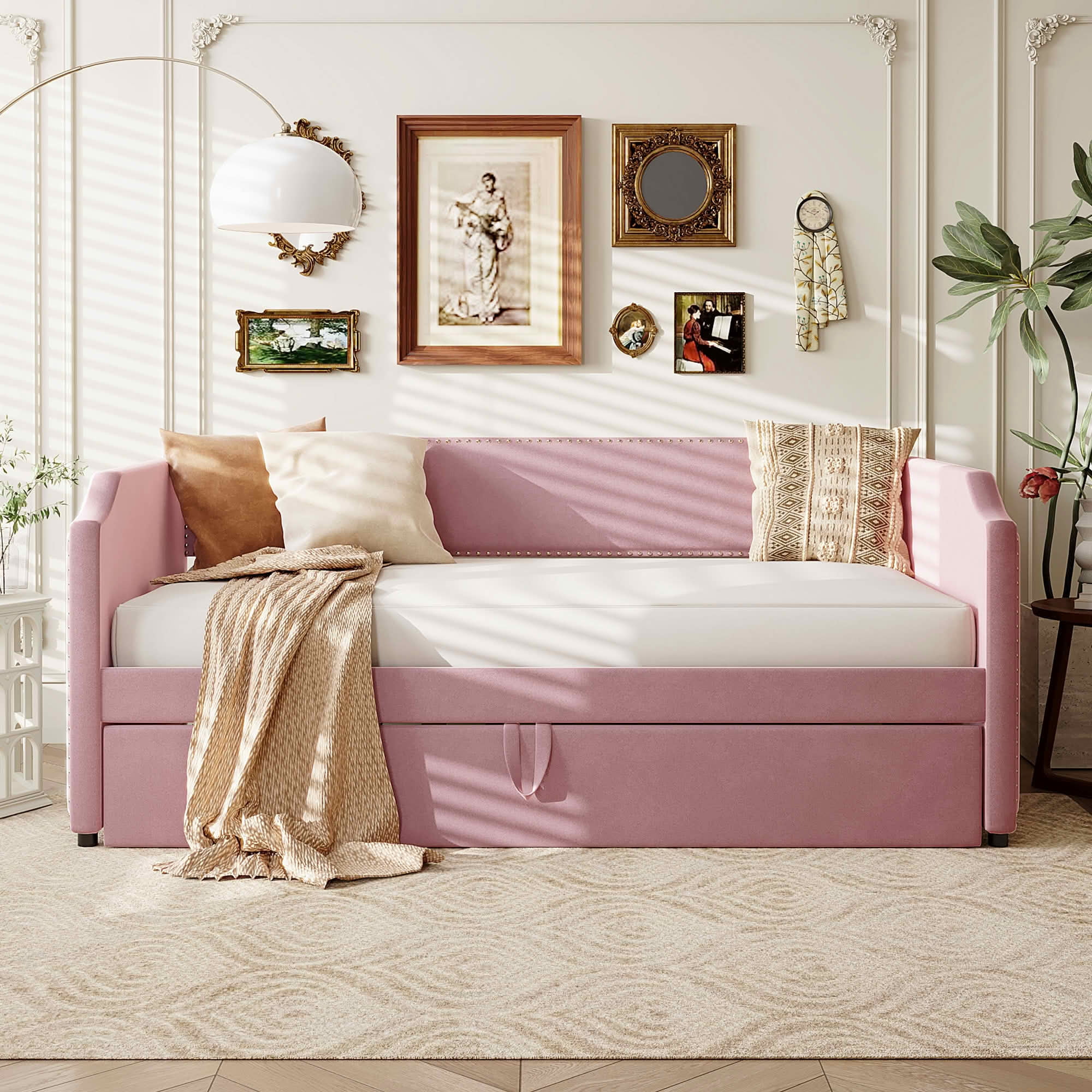 MAYEERTY 2-in-1 Velvet Upholstered Daybed with Pop-Up Trundle, Twin Size Space-Saving Guest Bed