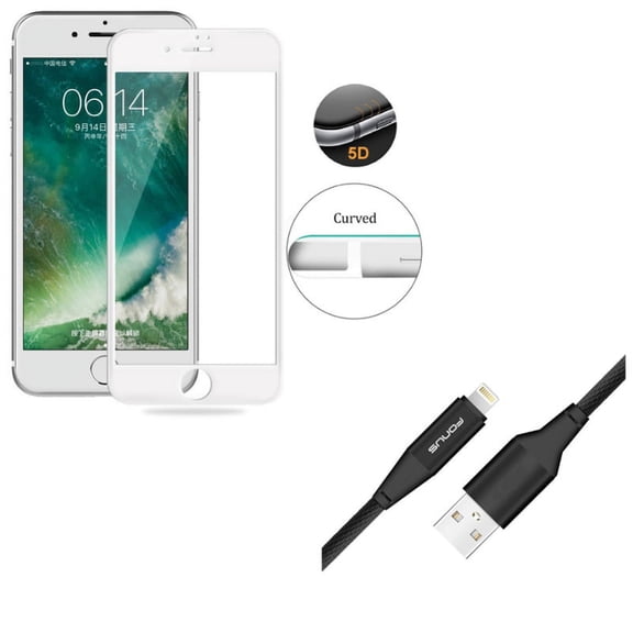 iPhone 8/7/6S/6 - Tempered Glass Screen Protector w Charger Cord 10ft USB Cable - 5D Touch Curved Edge Full Cover Bubble Free Case Friendly, Power Wire Braided Long Sync for iPhone 8/7/6S/6
