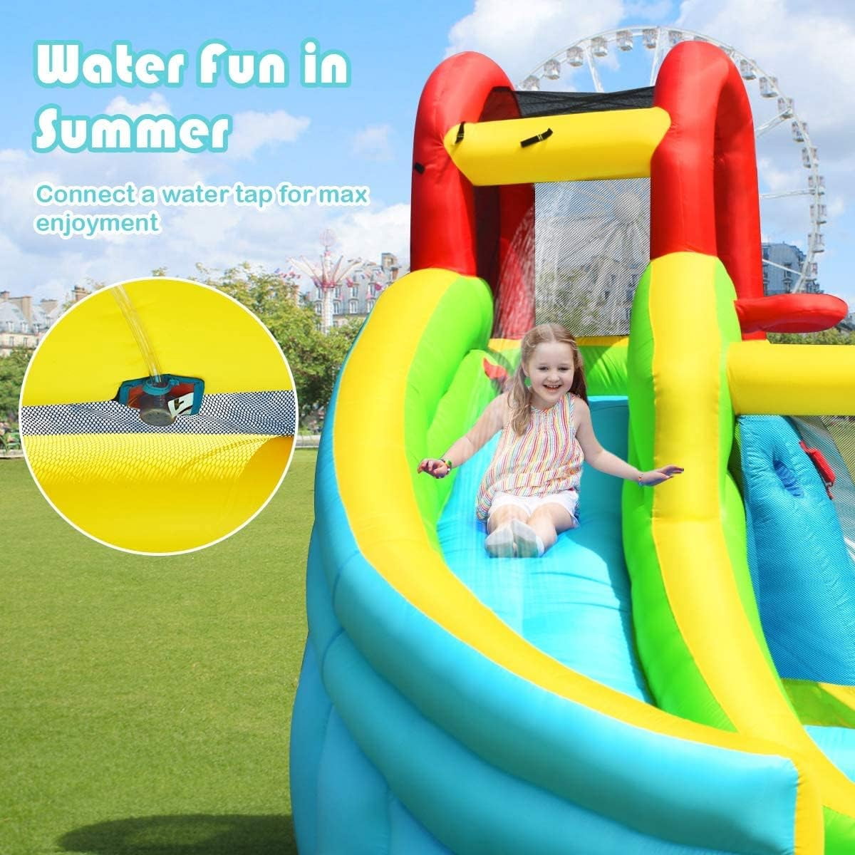 OLAKIDS Inflatable Water Slide, 6 in 1 Bounce House with Slide, Climbing Wall, Splash Pool, Basketball Rim, Water Blaster, Outdoor Water Park Jumping Castle with Carrying Bag, Hose