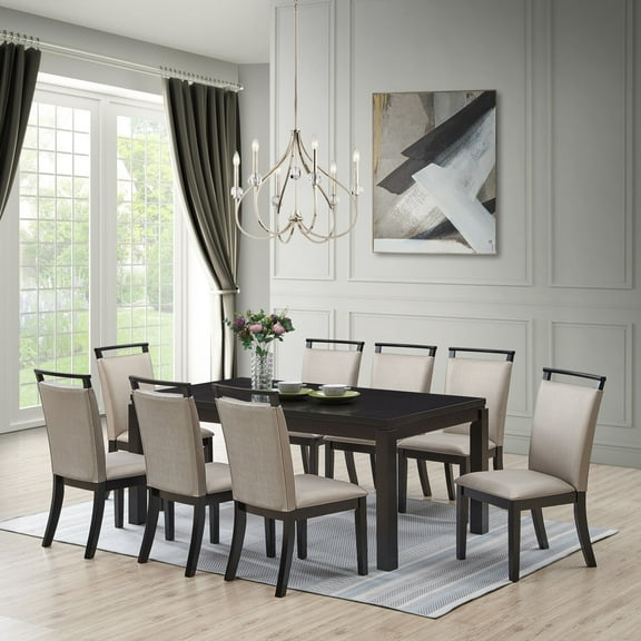 Danby 9 Piece Dining Set, Gray Fabric & Cappuccino Wood (Table & 8 Chairs)
