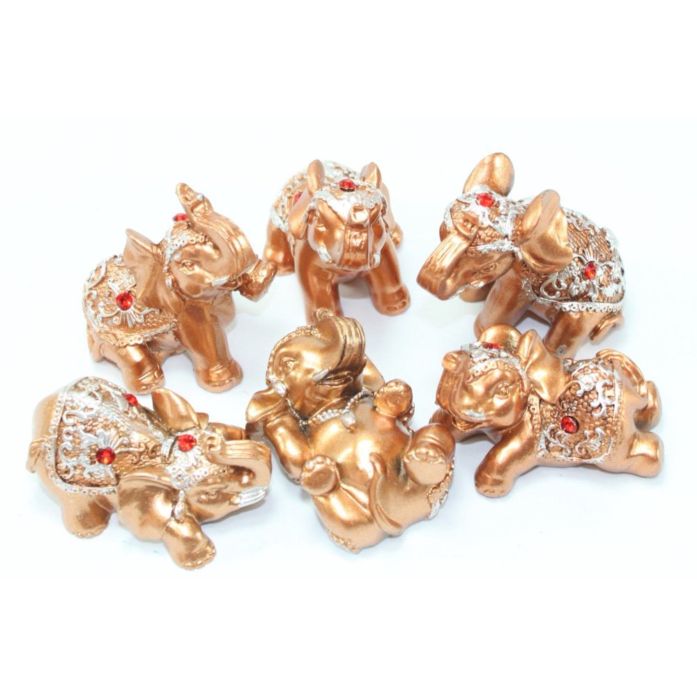 Set of 6 Gold Lucky Elephants Statues Feng Shui Figurine Home Decor
