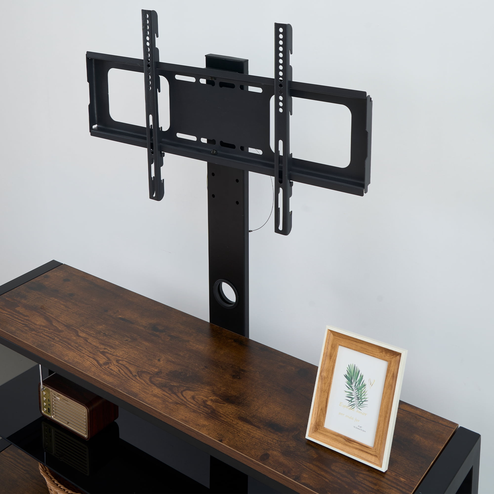 Wooden Storage TV Stand Black Tempered Glass Height Adjustable Universal Swivel Entertainment Center With Mount TV Stand, Rustic Browm