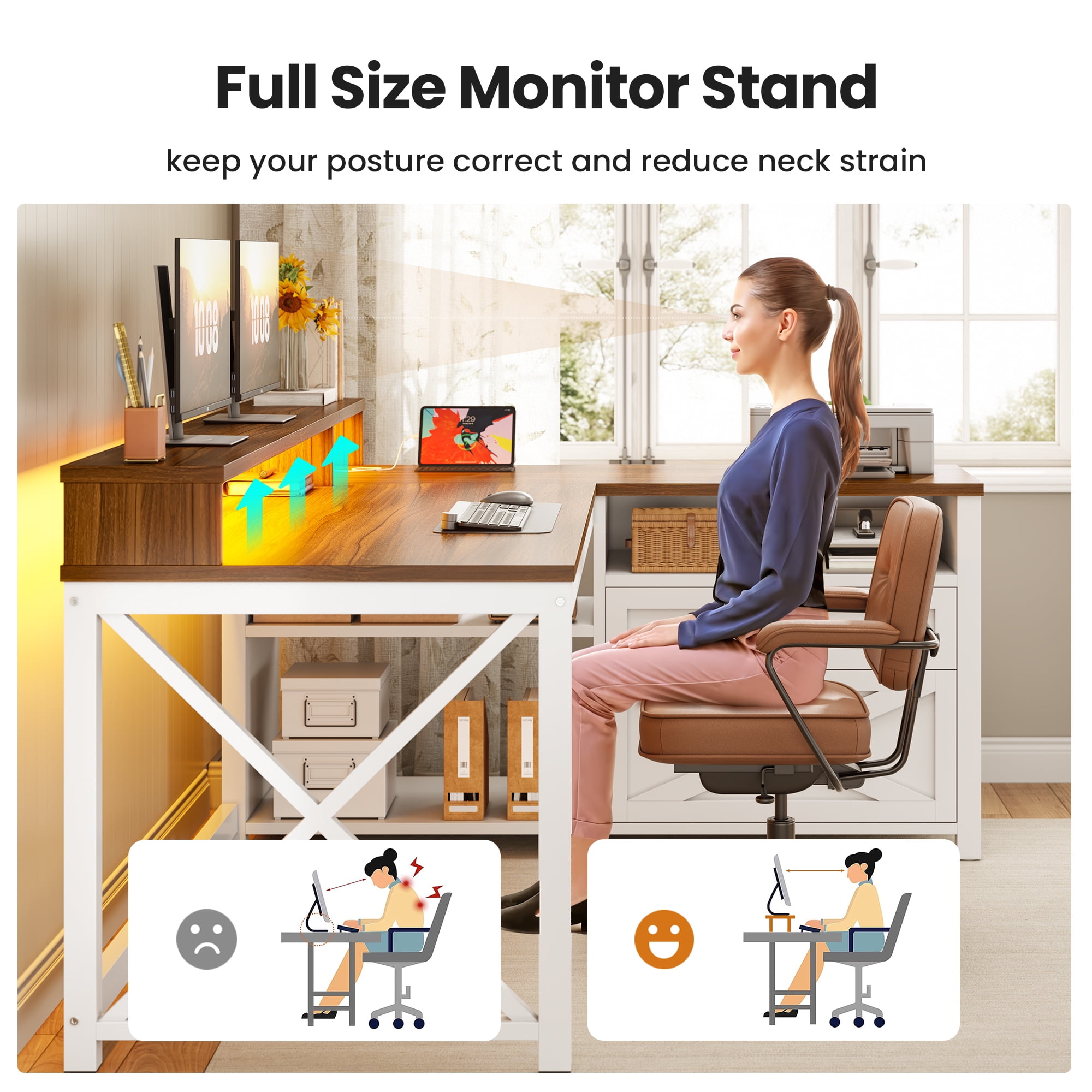 SEDETA L-Shaped Desk with Power Outlets & LED Lights for Home Office, Large Computer Desk with Monitor Stand & Storage Drawer & File Drawer, Farmhouse Corner Computer Desk with 5 Open Shelves, White