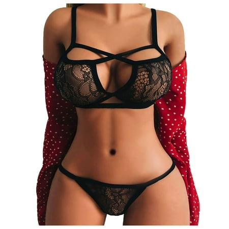 

〖TOTO〗Bra Brief Sets Lace Alluring Women Cage Bra Elastic Cage Bra Strappy Hollow Out Bra Bustier Set