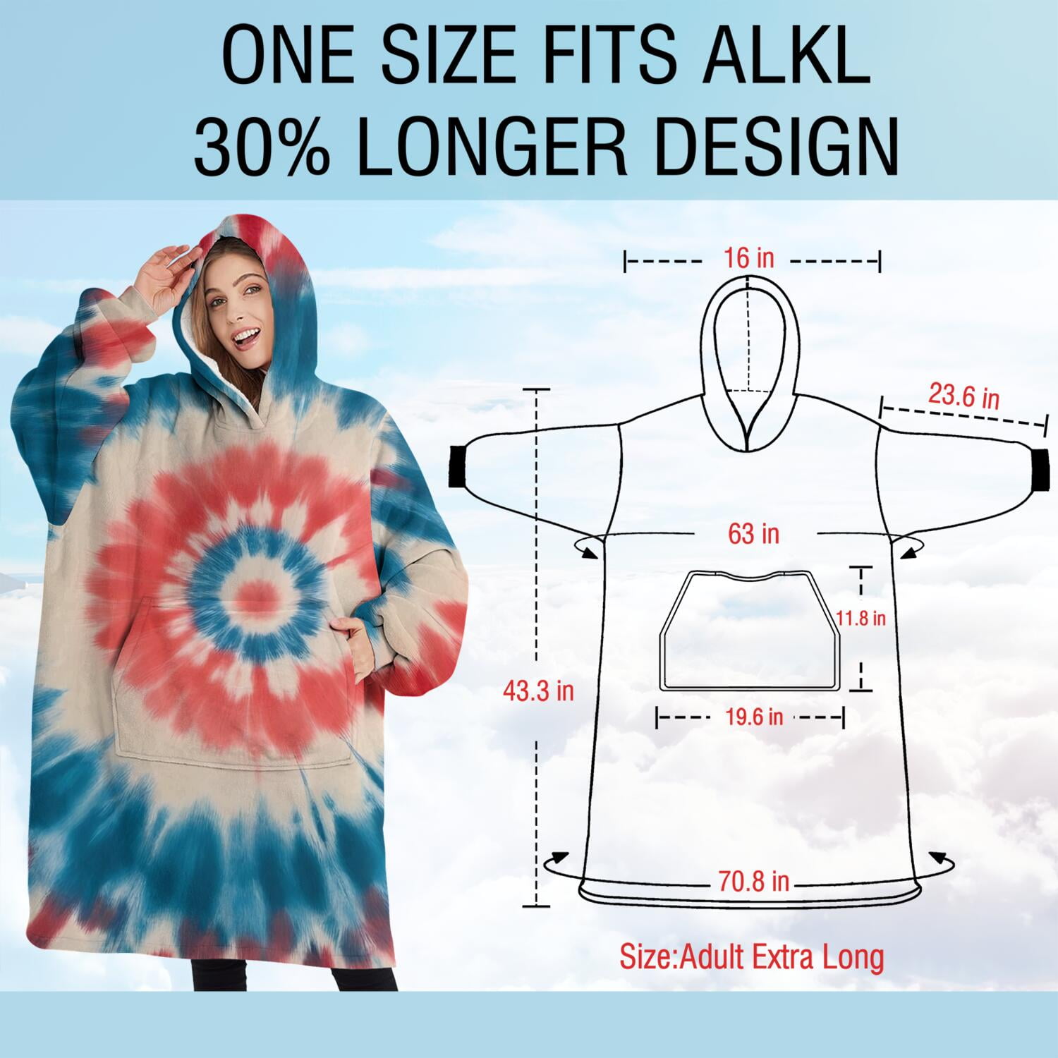 Oversized Wearable Blanket Hoodie,Red Blue Tie Dye Flower Sherpa Blanket Hoodie with Super Pockets,Super Warm Fuzzy Pullover for Women & Men