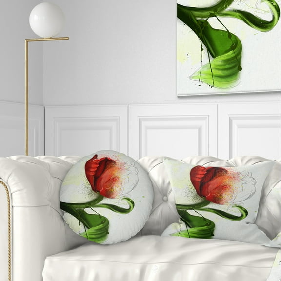 Designart Big Red Flower with Green Leaves - Floral Throw Pillow - 12x20