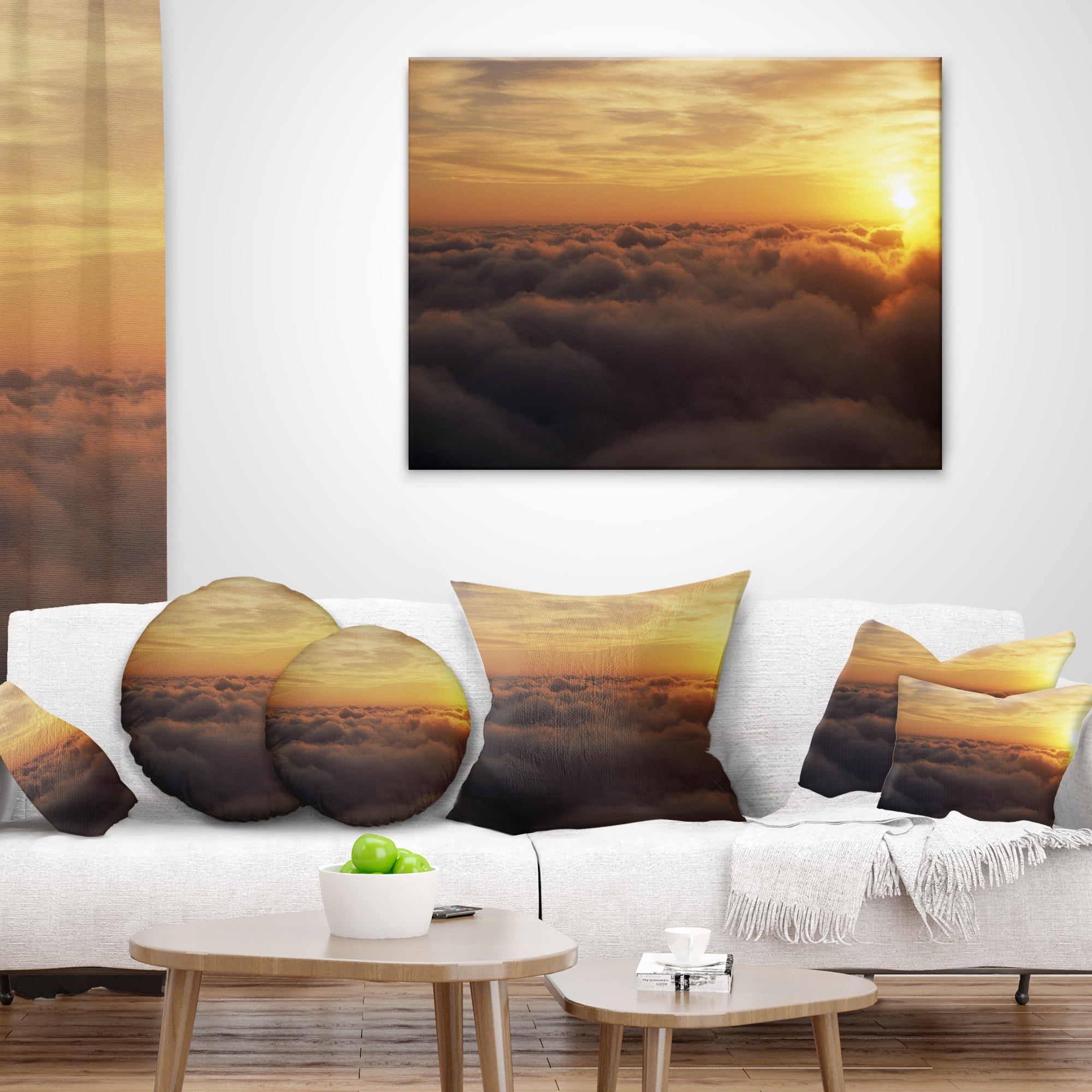 Designart Yellow Sunrise above Clouds - Landscape Printed Throw Pillow - 18x18