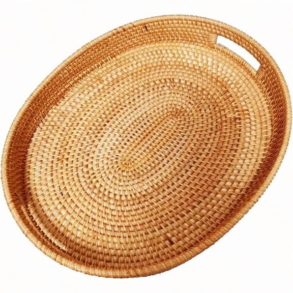 Oval Rattan X-Large Breakfast Severing Tray-17 Wicker Woven Food Storage Platters for FruitBread Drinks SnacksCoffee Table Serving Basket Ottoman Tray with Handles and 2.4 Wall XXL-43cm