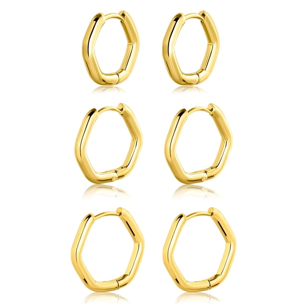 Juego de 3 Pares de Aros Hexagonales Minimalistas JeenMata Joyas para Uso Diario