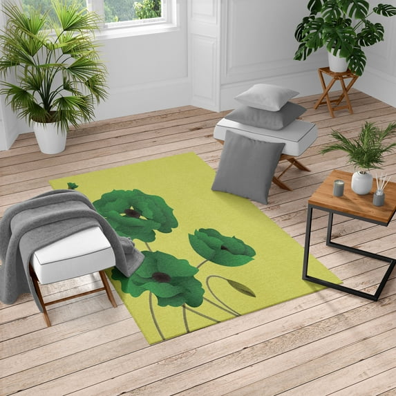 Floral Turkish Area Rug, Poppy Flowers Vivid Petals Buds Pastoral Purity Mother Earth Nature Design, Soft Carpet for Living Room Decor with Distressed Look, 2.6' x 5', Avocado Green, by Ambesonne