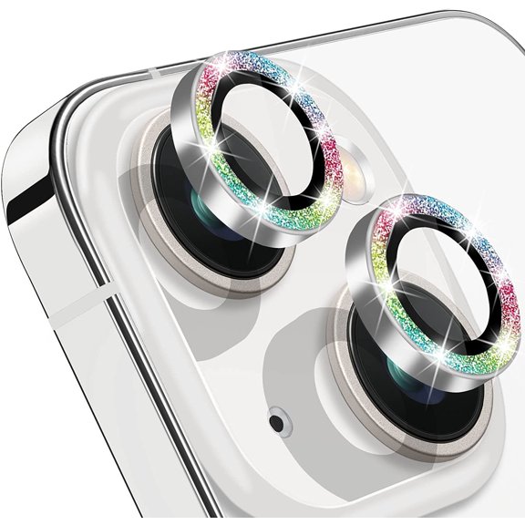for iPhone 13 Mini & iPhone 13 Camera Lens Protector, Bling Glitter 9H Tempered Glass Camera Cover Anti Scratch Shockproof Screen Protector Individual Ring - 2Pcs Glitter Colorful