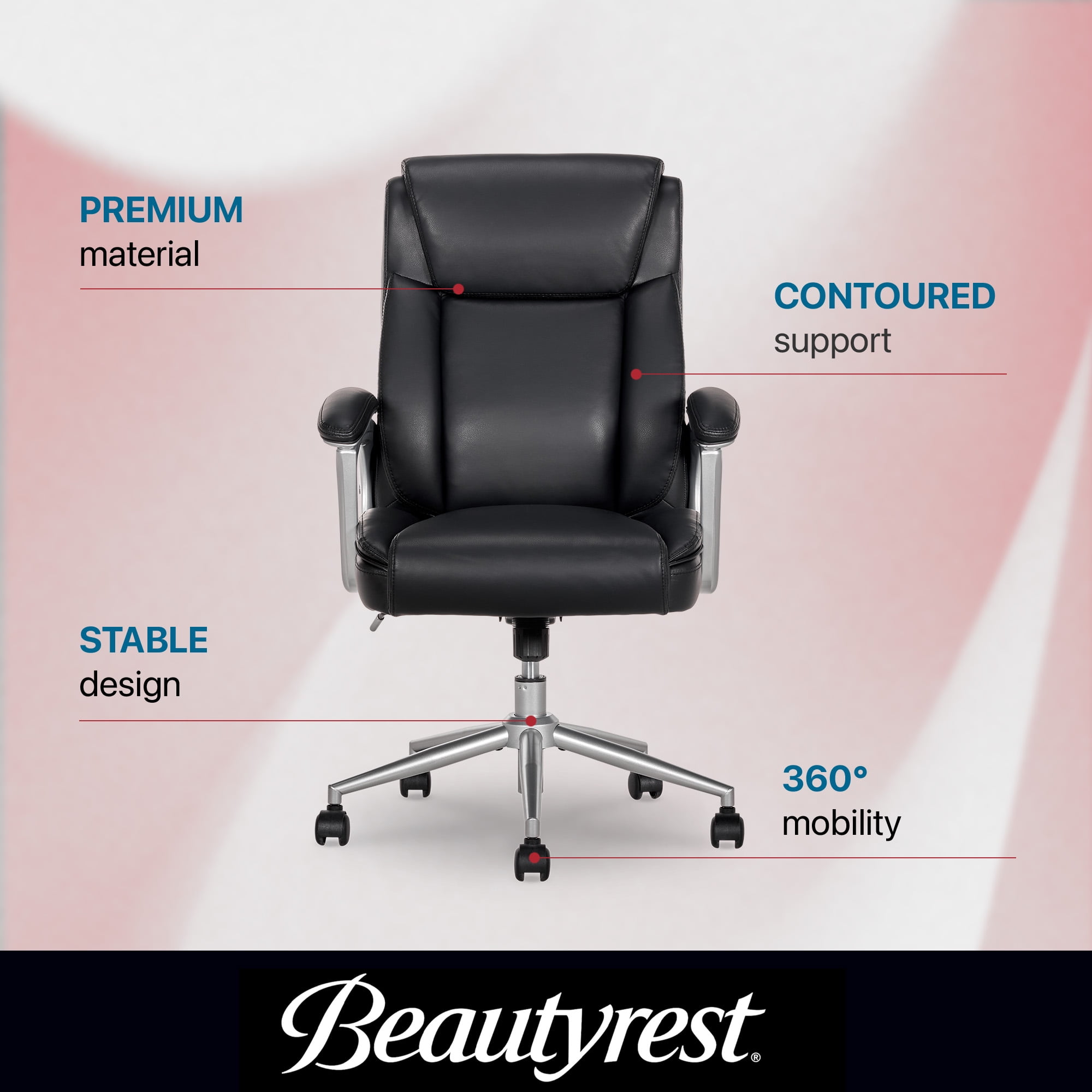 Beautyrest Beyla Ergonomic Manager Office Chair with Padded Armrest for Teens and Adults, Black