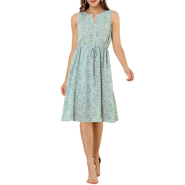 Vestido midi sin mangas de corte A con cuello en forma de llave y cintura ajustable, estampado de flores pequeñas, azul claro, talla XL