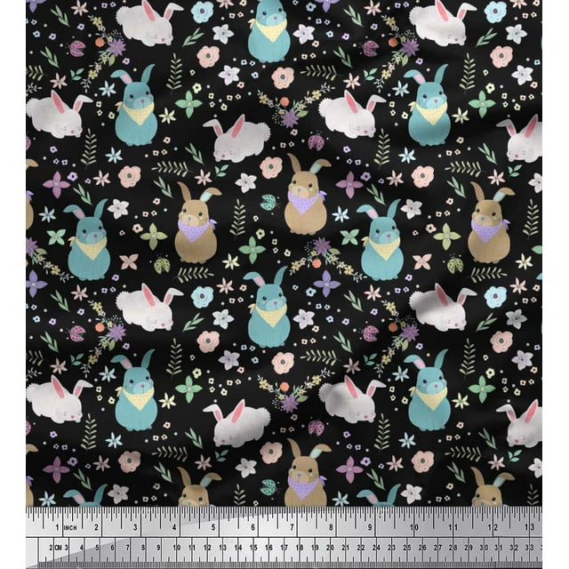 Soimoi Tissu Popeline de Coton Imprimé Floral & Rabbit pour Enfants Tissu de Couture au Mètre 56 Pouces de Large
