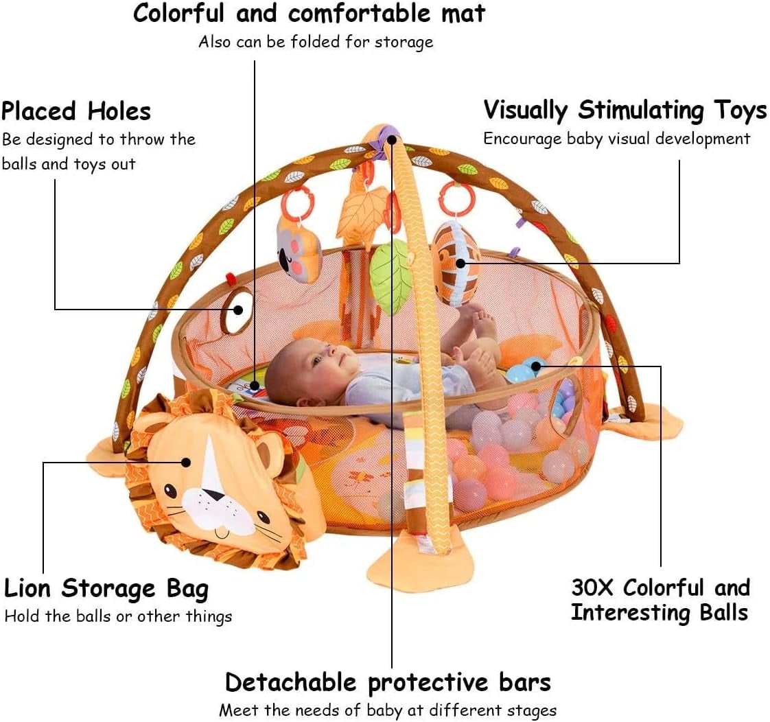4-in-1 Baby Play Gym Mat - Infant Activity Center with Ball Pit, Tummy Time Play Mat & Safe Mesh for Ages 0-3 | Includes 4 Hanging Toys & 30 Balls | Soft, Washable, & Easy to Store