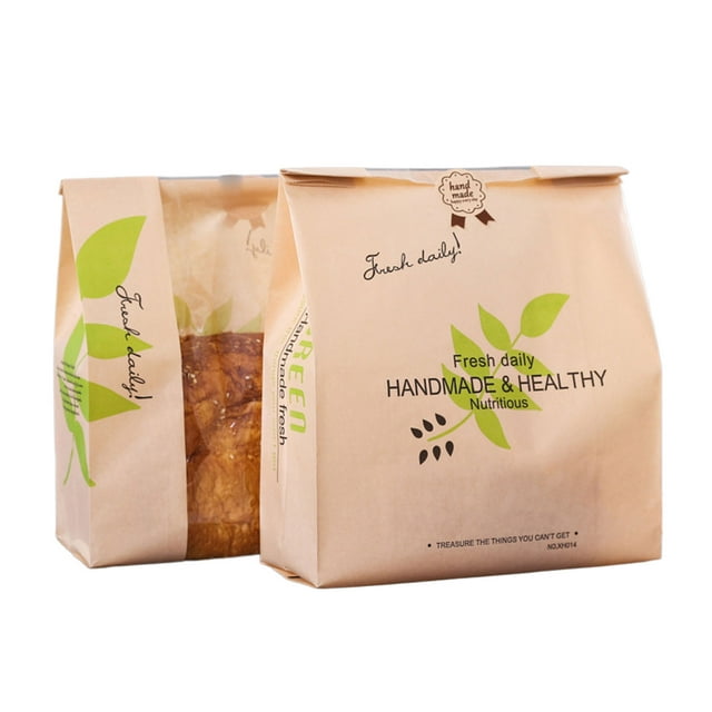 Wweixi 50pcs Paper Food Grade Materials Bread Bag Panoramic Window Opening Convenient Display Of Inner Food Green leaves large size