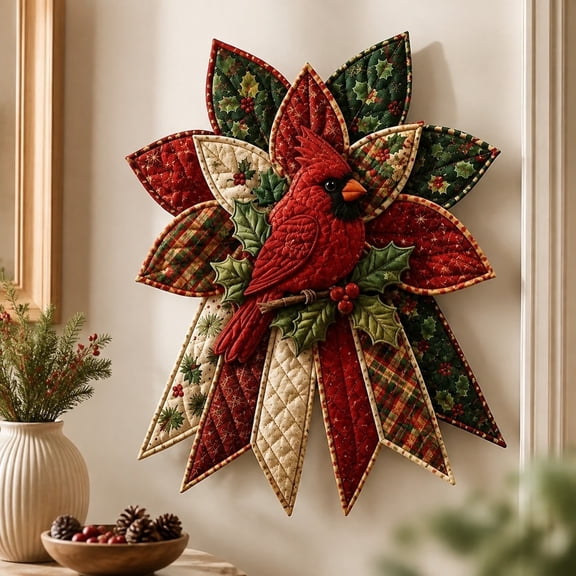 Festive Quilted Christmas Door Hanging DIY Sewing Kit, Cardinal Patchwork Decor with Fabric, Batting, Thread and Instructions