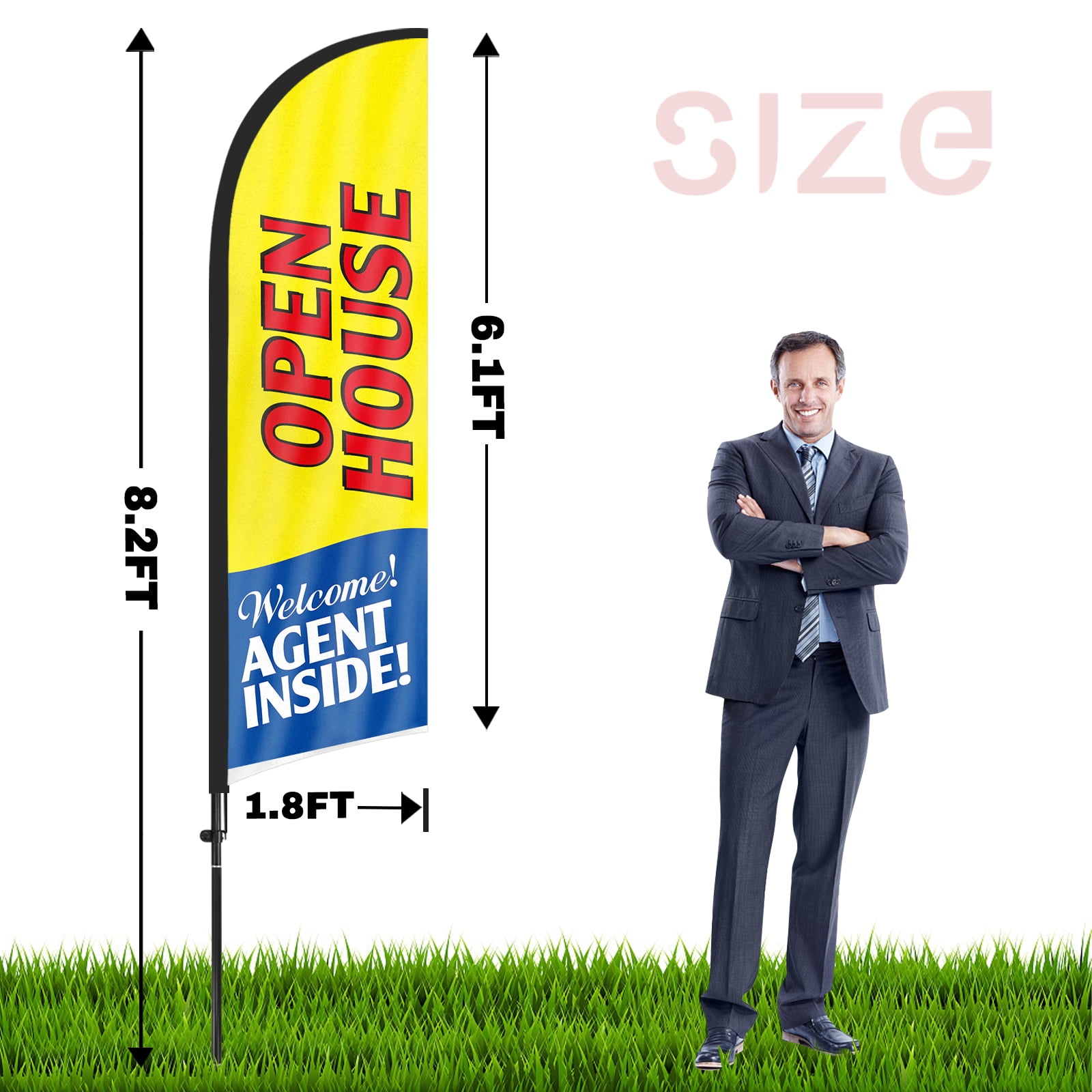 QSUM Open House Feather Flag with Flag Pole Kit and Ground Spike, 7FT Open House Windless Flag Banner Sign Business for Welcome Agent Inside Outdoor Advertising Sign Decoration Display（Yellow）
