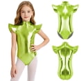 thumbnail image 5 of Hansber Girls Gymnastics Leotard Metallic Shiny Flying Sleeve Mock Neck Dance Bodysuit One Piece Tumbling Outfit Fluorescent Green 8, 5 of 7