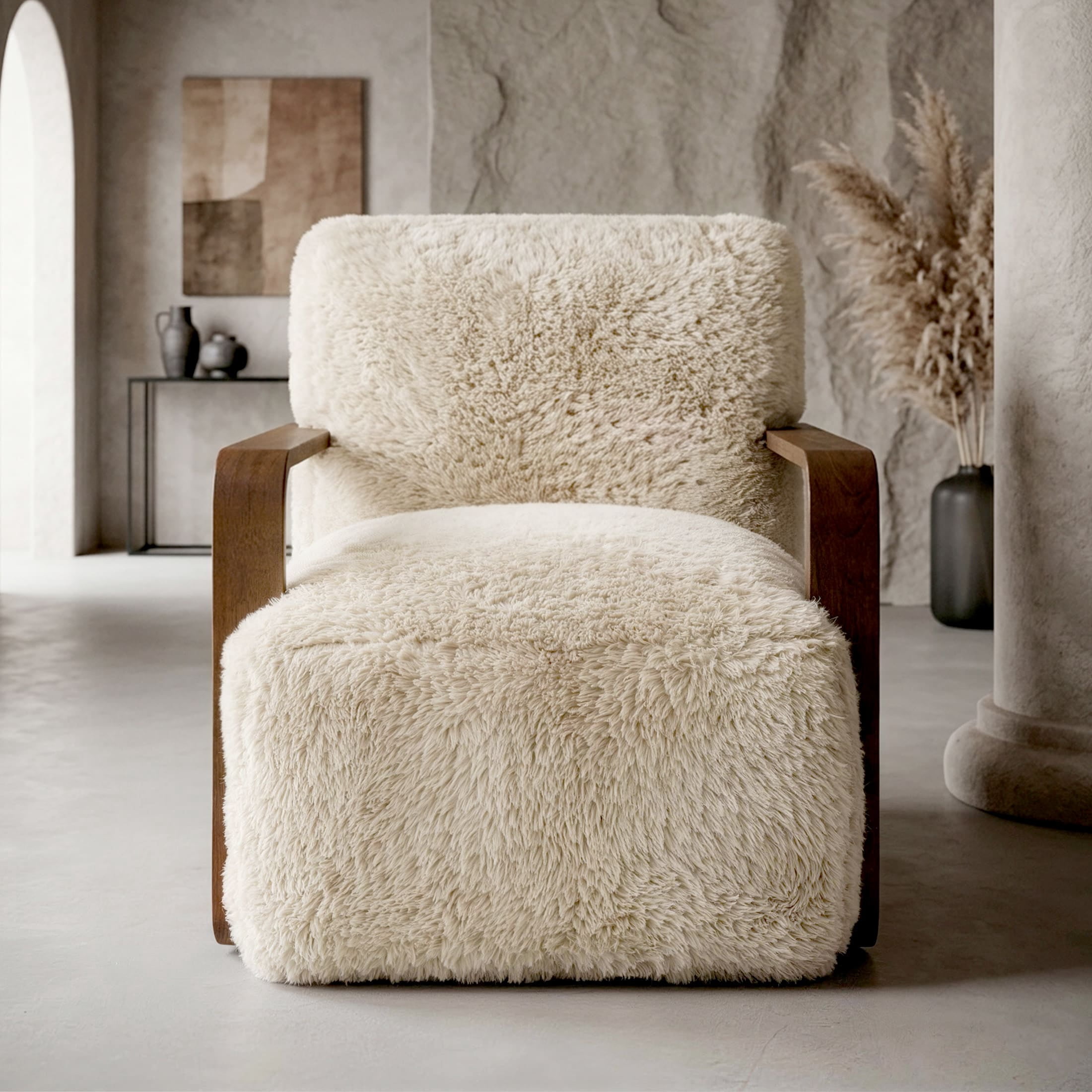 Aenkyo Yeti Contemporary Faux Fur Accent Chair with Dark Walnut Wood Arms, Ivory