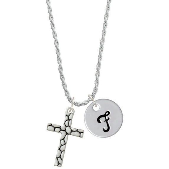 Delight Jewelry Silvertone Pebble Cross Silvertone Script Initial Disc - F - Charm Necklace, 20"+3"