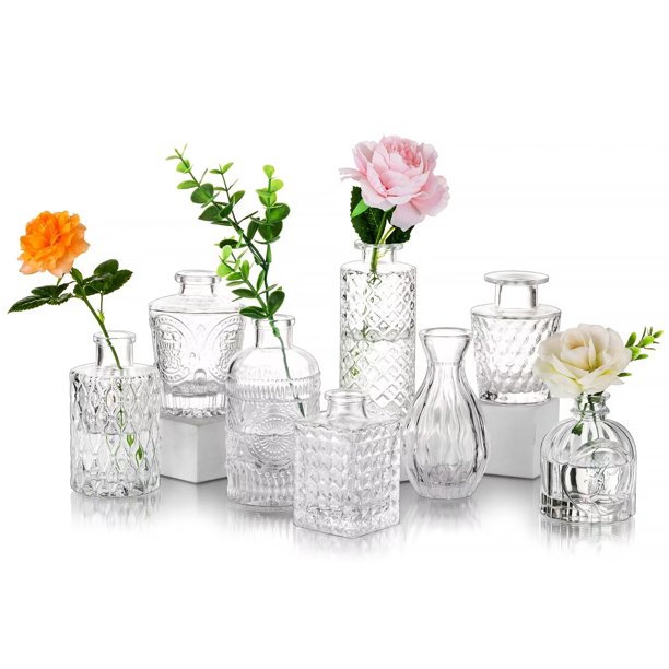 Glasseam Small Glass Vases in Bulk Set of 8 Clear Vintage Bud Vase for