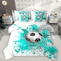 Homewish Soccer Football Print 7-Piece Twin Bedding Sets For Teens,Teal Watercolor Splash Bedding Comforter Set,Sport Ball Game Breathable Sheet Sets,Luxury Bedroom Decor,Reversible
