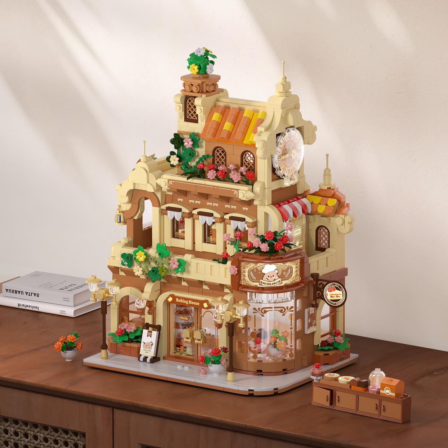 INSOON City Bakery Cafe House Building Set with LED Light, 1289 PCS City Architecture Building Blocks Model Kit, Modular Bakery Shop Display Set for Adults Teens 8-12+
