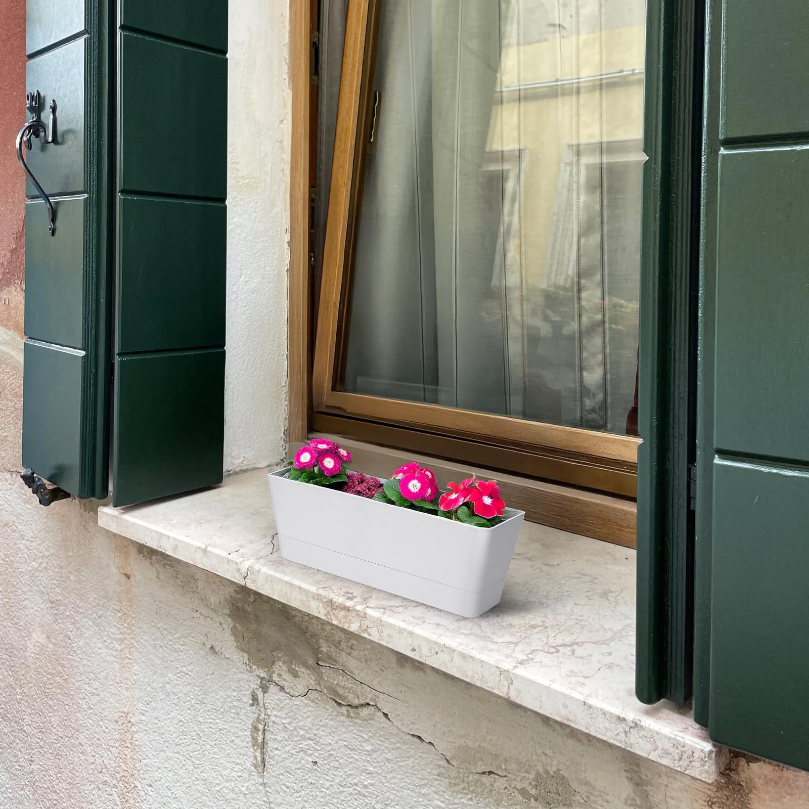 16x3.8 Inch Window Box Planter with Tray, Lightweight Plastic Rectangle Pot for Succulent Cactus, Flower, Vegetable, Herb Gardening, Indoor Outdoor Use