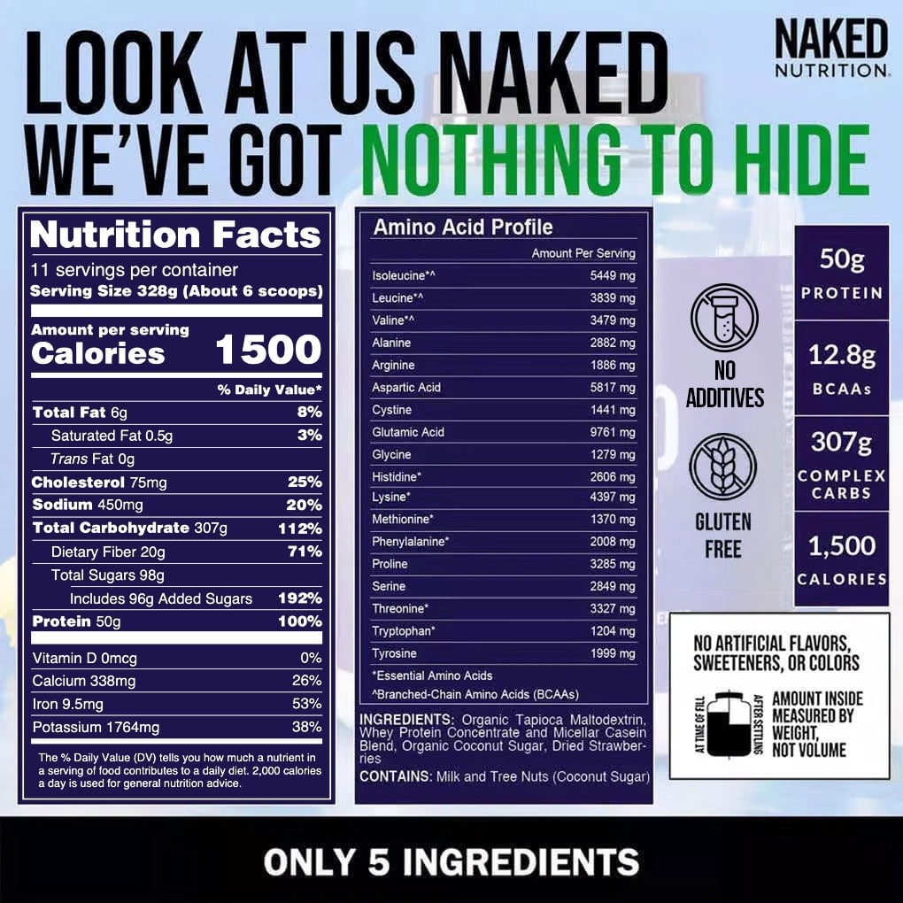 Naked Strawberry Mass - All Natural Strawberry Protein Powder - 8lb Bulk, GMO Free, Gluten Free & Soy Free, No Artificial Ingredients - 1,500 Calories - 11 Servings